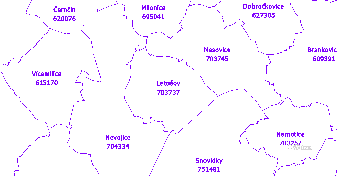 Katastrální mapa Letošov - přehledová mapa katastrálního území