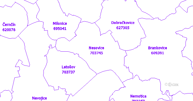Katastrální mapa Nesovice - přehledová mapa katastrálního území