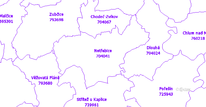 Katastrální mapa Netřebice - přehledová mapa katastrálního území