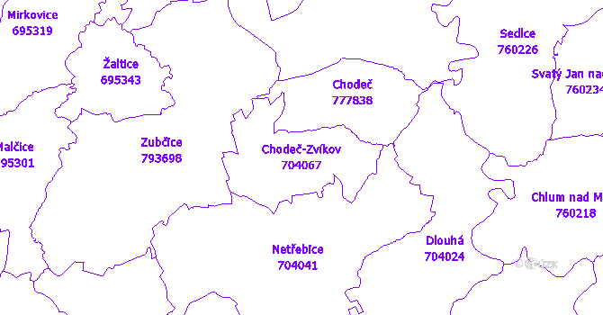 Katastrální mapa Chodeč-Zvíkov - přehledová mapa katastrálního území