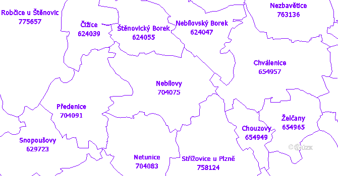 Katastrální mapa Nebílovy - přehledová mapa katastrálního území