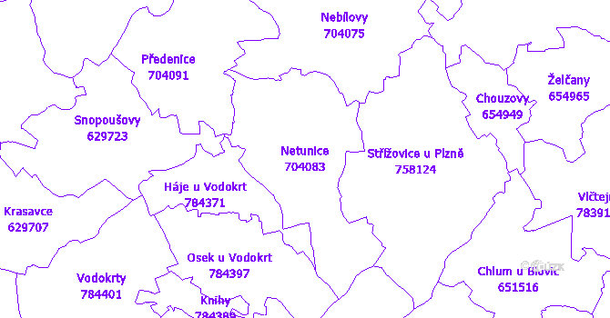 Katastrální mapa Netunice - přehledová mapa katastrálního území