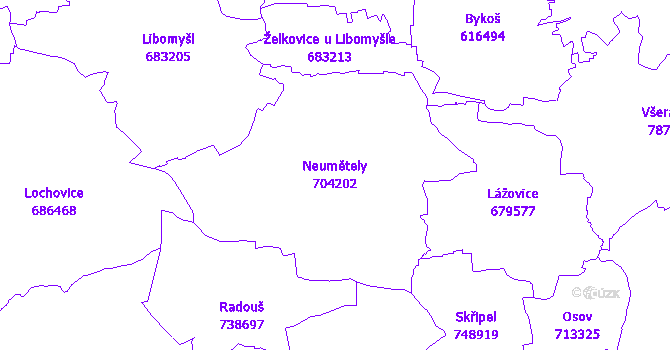 Katastrální mapa Neumětely - přehledová mapa katastrálního území
