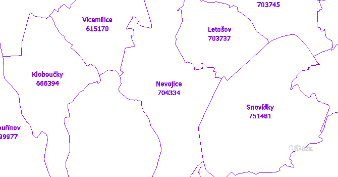 Katastrální mapa Nevojice - přehledová mapa katastrálního území