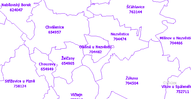 Katastrální mapa Olešná u Nezvěstic - přehledová mapa katastrálního území