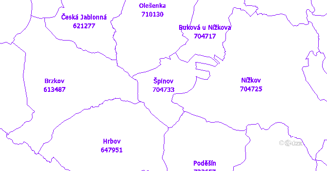 Katastrální mapa Špinov - přehledová mapa katastrálního území