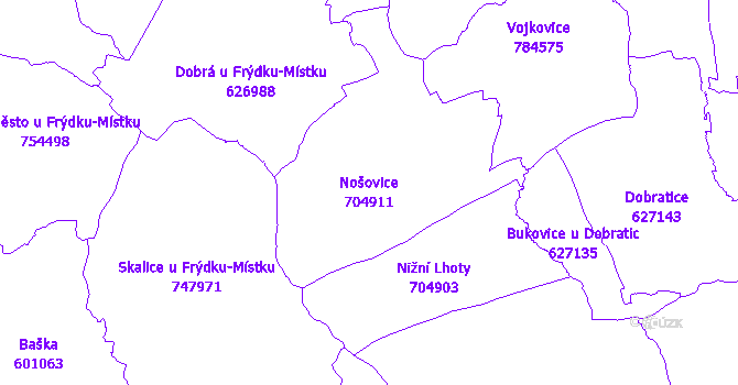Katastrální mapa Nošovice - přehledová mapa katastrálního území