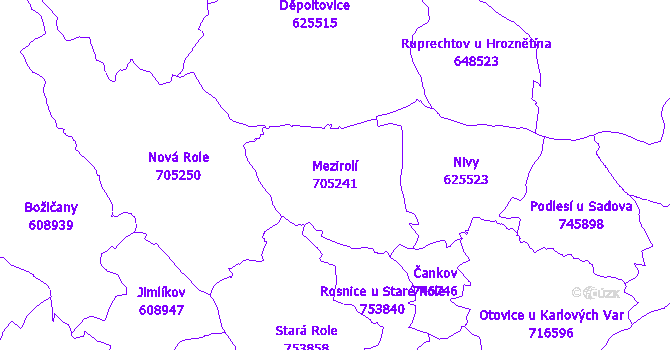 Katastrální mapa Mezirolí - přehledová mapa katastrálního území