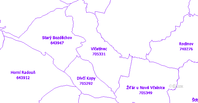 Katastrální mapa Vlčetínec - přehledová mapa katastrálního území
