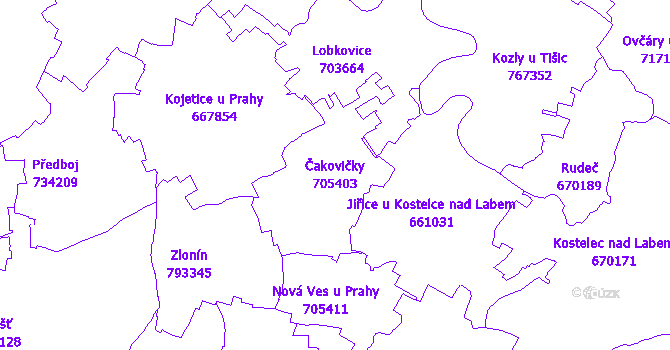 Katastrální mapa Čakovičky - přehledová mapa katastrálního území