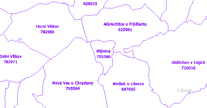 Katastrální mapa Mlýnice - přehledová mapa katastrálního území