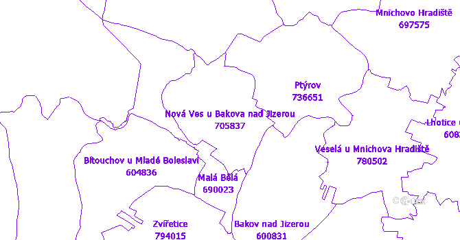 Katastrální mapa Nová Ves u Bakova nad Jizerou - přehledová mapa katastrálního území