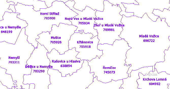 Katastrální mapa Křtěnovice - přehledová mapa katastrálního území
