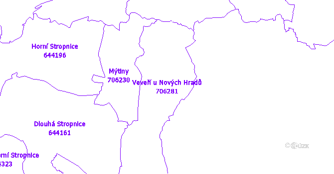 Katastrální mapa Veveří u Nových Hradů - přehledová mapa katastrálního území