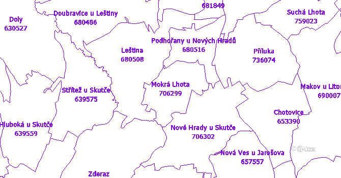 Katastrální mapa Mokrá Lhota - přehledová mapa katastrálního území