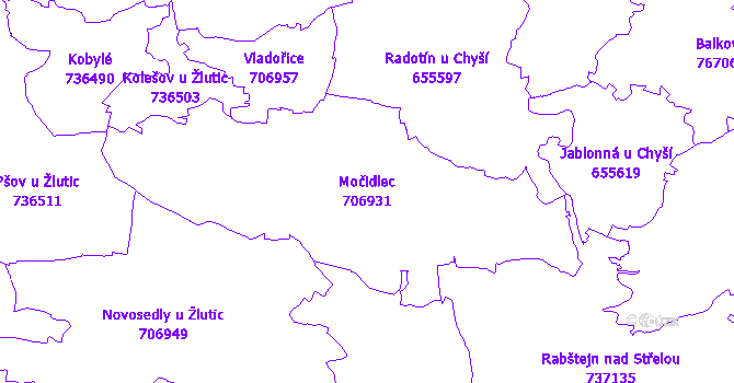 Katastrální mapa Močidlec - přehledová mapa katastrálního území