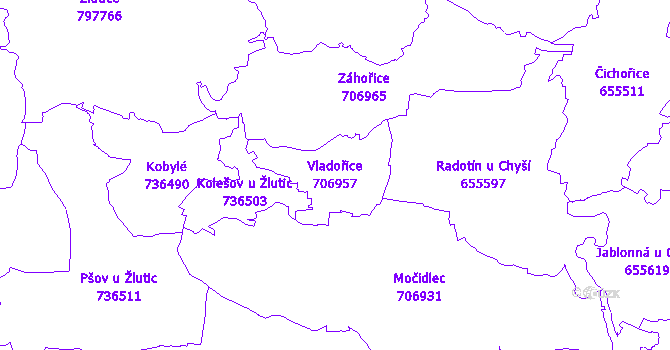Katastrální mapa Vladořice - přehledová mapa katastrálního území