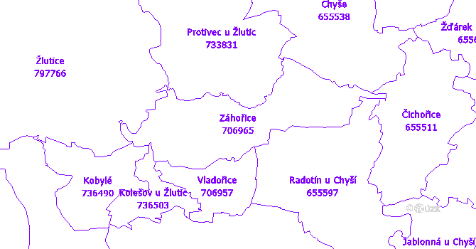 Katastrální mapa Záhořice - přehledová mapa katastrálního území