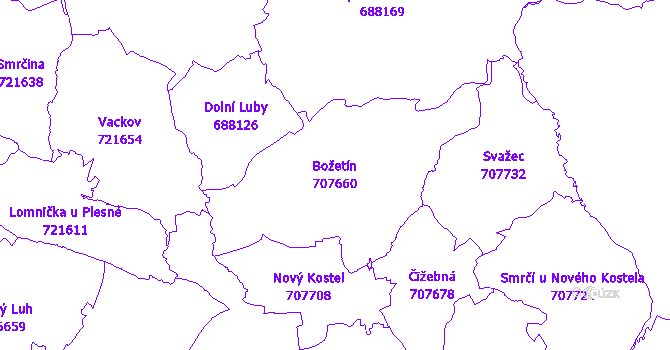 Katastrální mapa Božetín - přehledová mapa katastrálního území