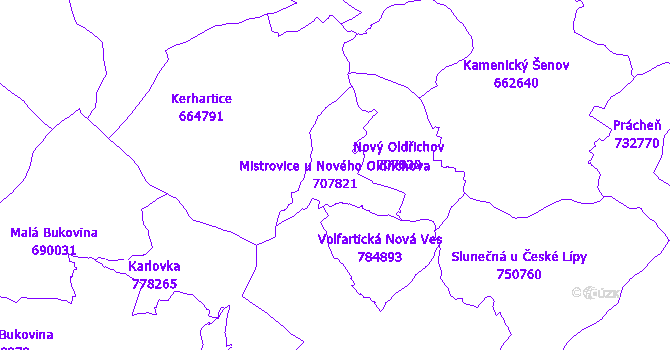 Katastrální mapa Mistrovice u Nového Oldřichova - přehledová mapa katastrálního území
