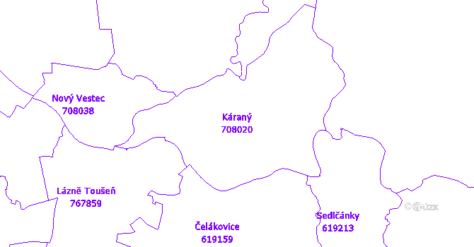 Katastrální mapa Káraný - přehledová mapa katastrálního území