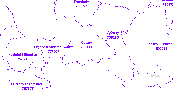 Katastrální mapa Oplany - přehledová mapa katastrálního území