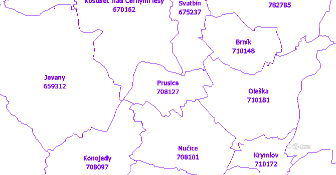 Katastrální mapa Prusice - přehledová mapa katastrálního území