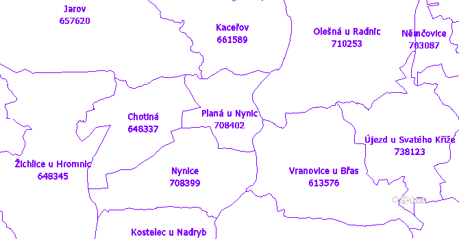 Katastrální mapa Planá u Nynic - přehledová mapa katastrálního území