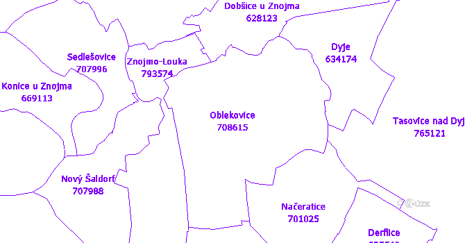 Katastrální mapa Oblekovice - přehledová mapa katastrálního území