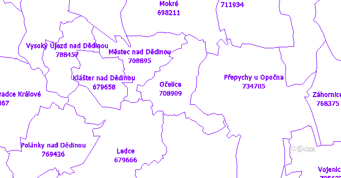 Katastrální mapa Očelice - přehledová mapa katastrálního území