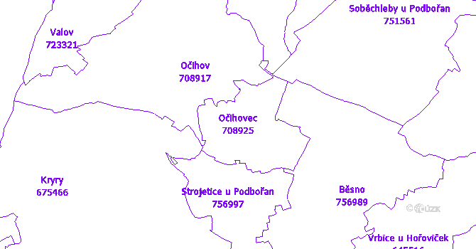 Katastrální mapa Očihovec - přehledová mapa katastrálního území