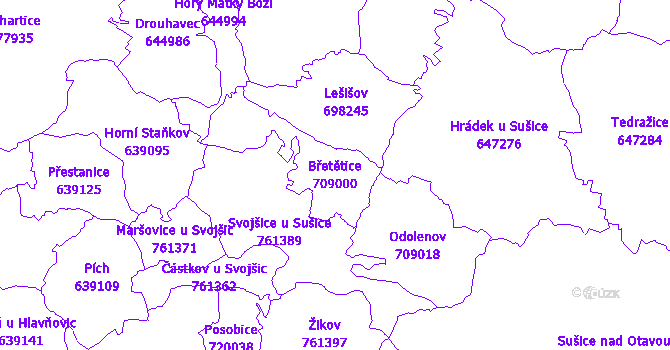 Katastrální mapa Břetětice - přehledová mapa katastrálního území
