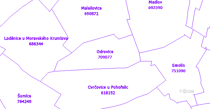 Katastrální mapa Odrovice - přehledová mapa katastrálního území