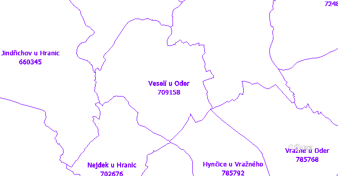 Katastrální mapa Veselí u Oder - přehledová mapa katastrálního území