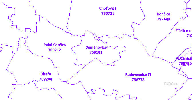 Katastrální mapa Dománovice - přehledová mapa katastrálního území