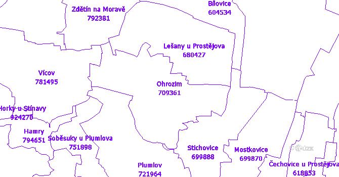 Katastrální mapa Ohrozim - přehledová mapa katastrálního území