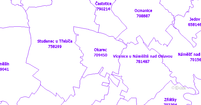 Katastrální mapa Okarec - přehledová mapa katastrálního území