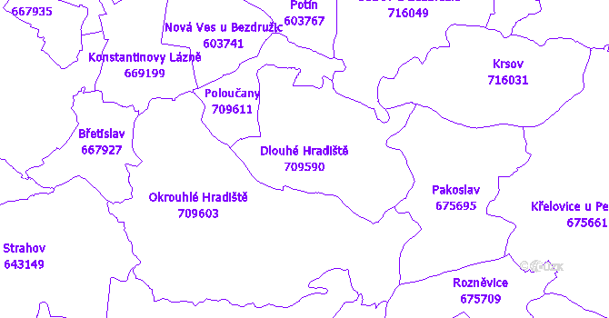 Katastrální mapa Dlouhé Hradiště - přehledová mapa katastrálního území