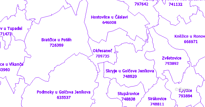 Katastrální mapa Okřesaneč - přehledová mapa katastrálního území