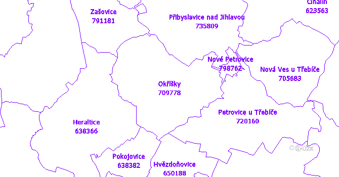 Katastrální mapa Okříšky - přehledová mapa katastrálního území