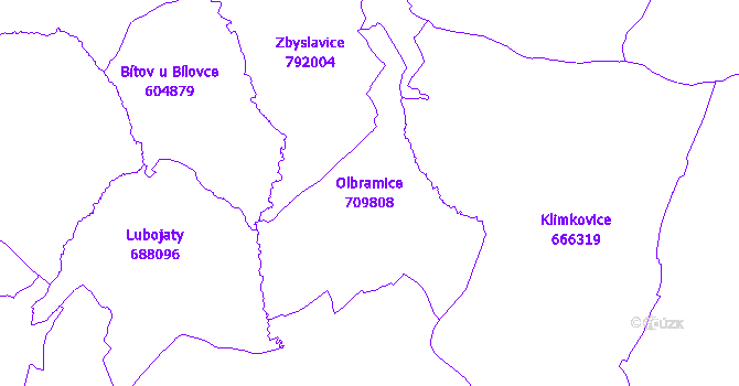 Katastrální mapa Olbramice - přehledová mapa katastrálního území