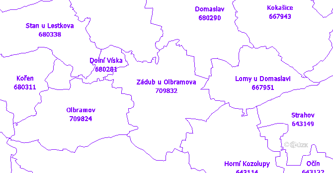 Katastrální mapa Zádub u Olbramova - přehledová mapa katastrálního území