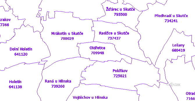 Katastrální mapa Oldřetice - přehledová mapa katastrálního území