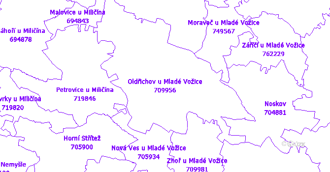Katastrální mapa Oldřichov u Mladé Vožice - přehledová mapa katastrálního území