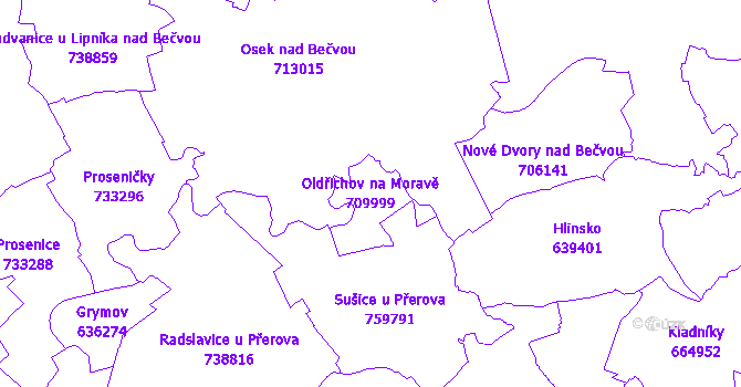 Katastrální mapa Oldřichov na Moravě - přehledová mapa katastrálního území