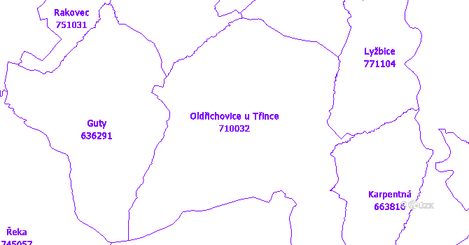 Katastrální mapa Oldřichovice u Třince - přehledová mapa katastrálního území