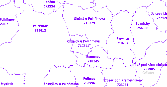 Katastrální mapa Chválov u Pelhřimova - přehledová mapa katastrálního území