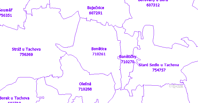 Katastrální mapa Bonětice - přehledová mapa katastrálního území