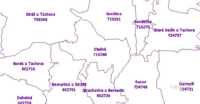 Katastrální mapa Olešná - přehledová mapa katastrálního území