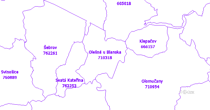 Katastrální mapa Olešná u Blanska - přehledová mapa katastrálního území